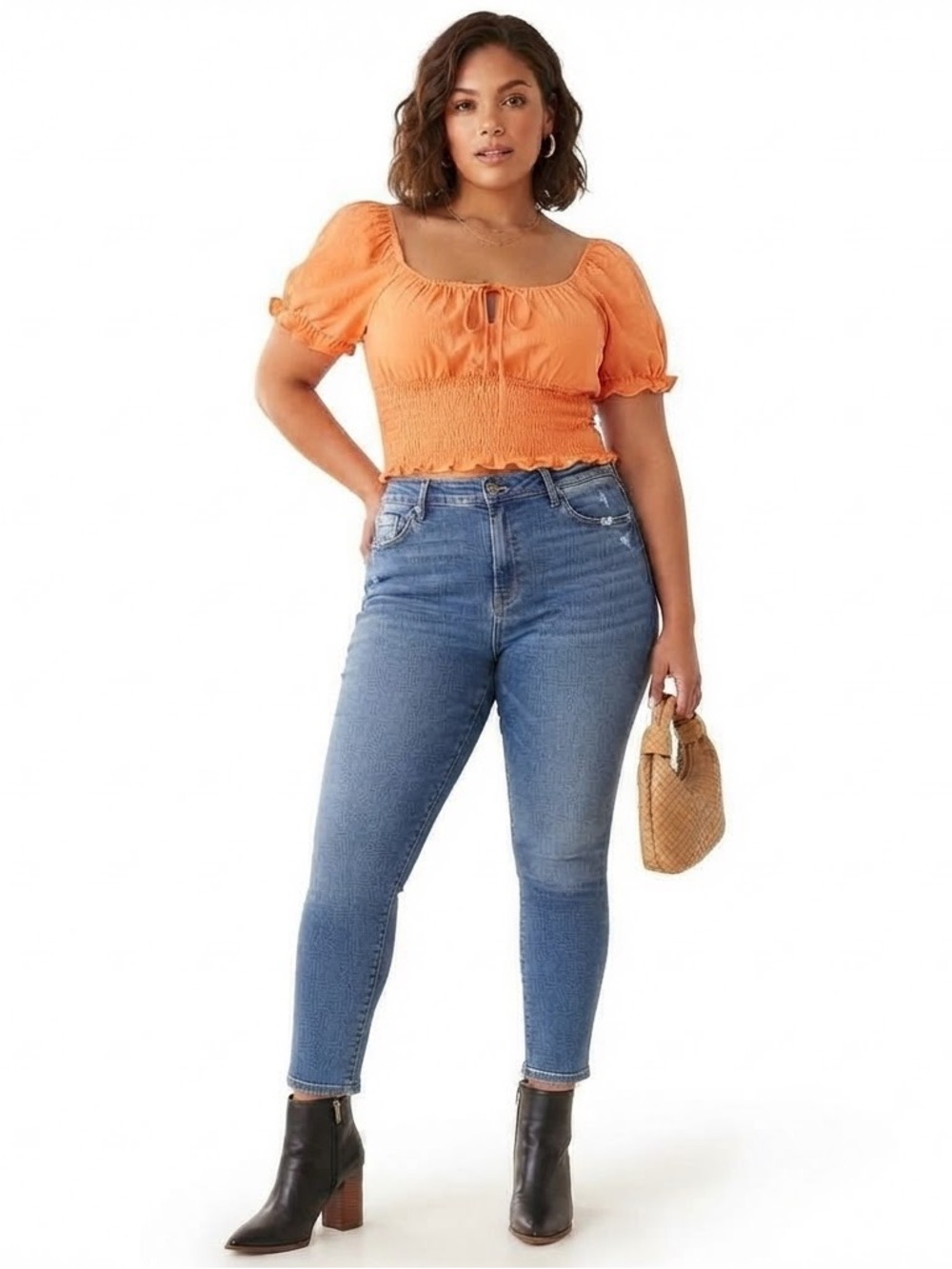 H&M Orange Puff Sleeve Smocked Tie-Front Crop Top